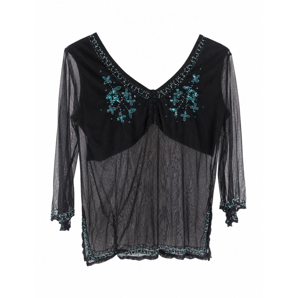 E-VIE Women’s Black Sheer Mesh Embellished Blouse Top Size 22-24 Plus Size